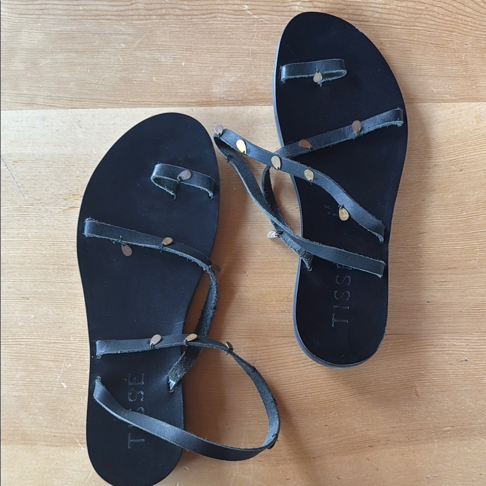 Black Leather Wrap Sandals with Bronze Accents - NWOT, Unworn 38